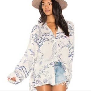 Free People Metallic Blooms Blouse Peacock Print Blue and White Small
